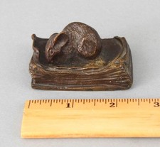 Antique Signed LOUIS-ALBERT CARVIN Miniature Bronze Sculpture, Mouse & Book, NR