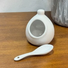 Open Salt Cellar White Stoneware Pig with Spoon by Trudeau 2.5" Tall