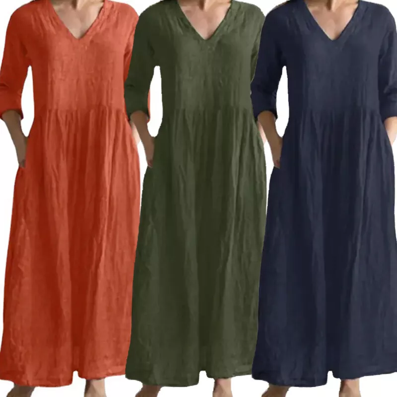 Womens V Neck Cotton Linen Maxi Dress Summer Casual Baggy Long