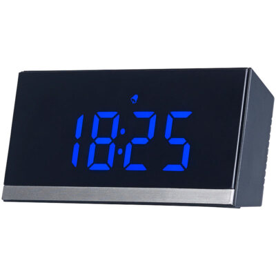 infactory Dimmbare Funk-LED-Tischuhr, Wecker und Temperaturanzeige, schwarz/blau
