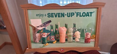 Vintage 7-Up FLOAT Cardstock Sign in Original 7-UP Wooden Frame !!!