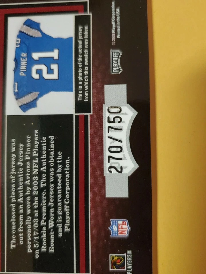2003 Playoff Hogg Heaven /750 Artose Pinner #217 Rookie Detroit Lions - Image 3 of 4