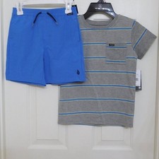 NWT 2pc Volcom Gray Blue Striped Shirt Blue Shorts Set sz 7