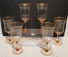 Antique Elegant Depression Glass Crystal Etched Wine Glasses. Pink Fluted. NR