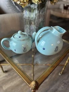 Ceramic teapot and Pitcher in 'Blue Tulip' pattern by Cronin Pottery