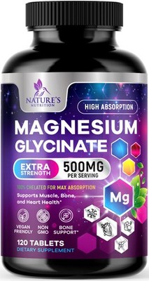 Magnesium Glycinate Extra Strength 500 mg 100% High Absorption Chelated Tablets