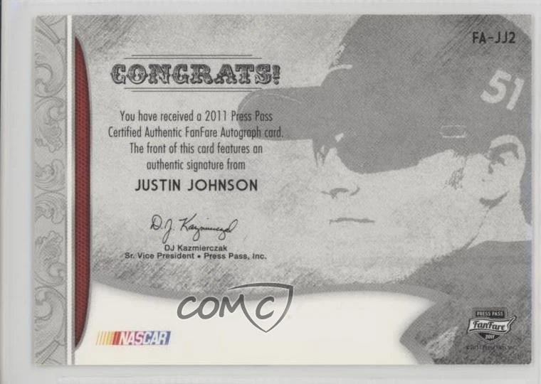 2011 Press Pass Fanfare Fanfare Auto Bronze /250 Justin Johnson #FA-JJ2 Auto - Image 2 of 2