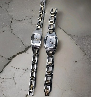 Pair Authentic Fossil Ladies Two-Tone S-Steel Wrist Watch READ Working 