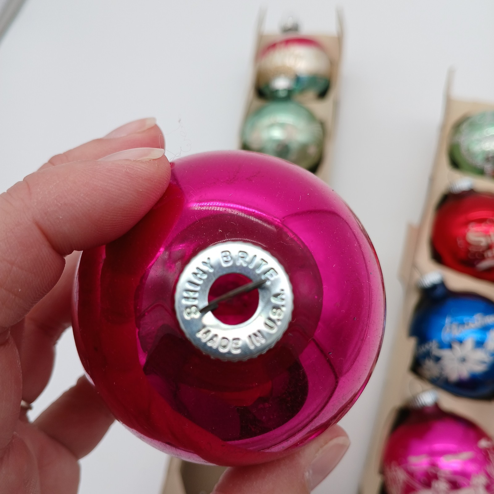 10 Vintage SHINY BRITE Glitter Mica Christmas Ornaments 2 5/8" Original Box