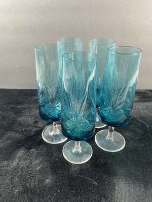 Vintage Aqua Blue Teal Snow Glass Wine Champagne Flute Clear Stem Set 5