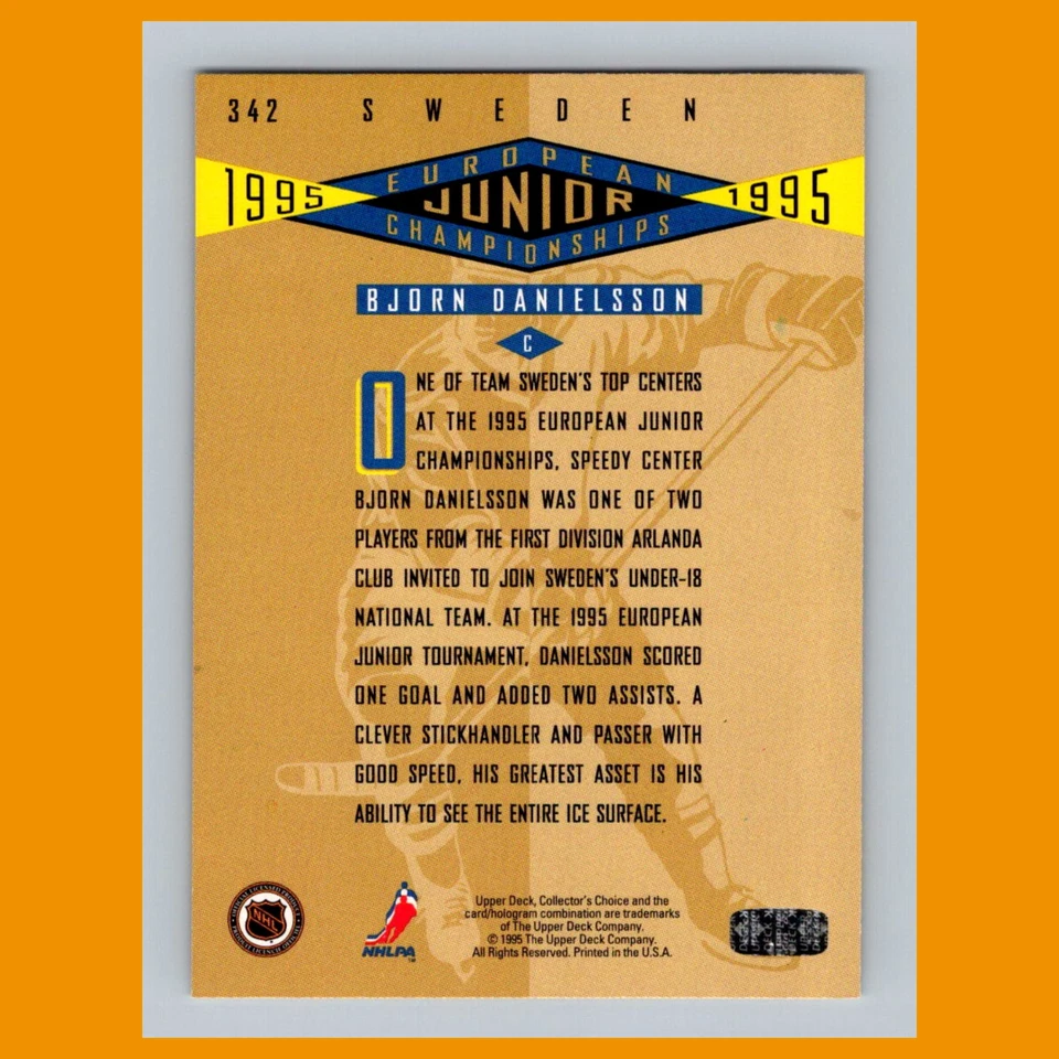 Bjorn Danielsson Rookie #342 1995-96 Collectors Choice Sweden Hockey Card NHL - Image 2 of 3