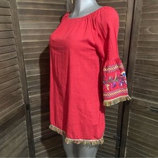 Velzera Red Bohemian Farm Rio Shift Dress Embroidered Bell Sleeve Fringed Medium