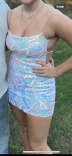 Blue Iridescent Sequin Strappy Backless Mini Bodycon Dress with Geometric Patte