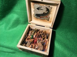 Vintage lot of 40+ fishing Flies in primitive wood box
