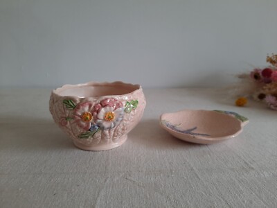 Vintage Melba Ware rosa Blatt & Blume Zucker Schüssel Kitsch Majolika Kohl Retro 