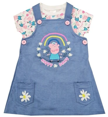 Girls Peppa Pig Pinafore Dress & Top T Shirt Outfit Set 12 Months - 6 Years