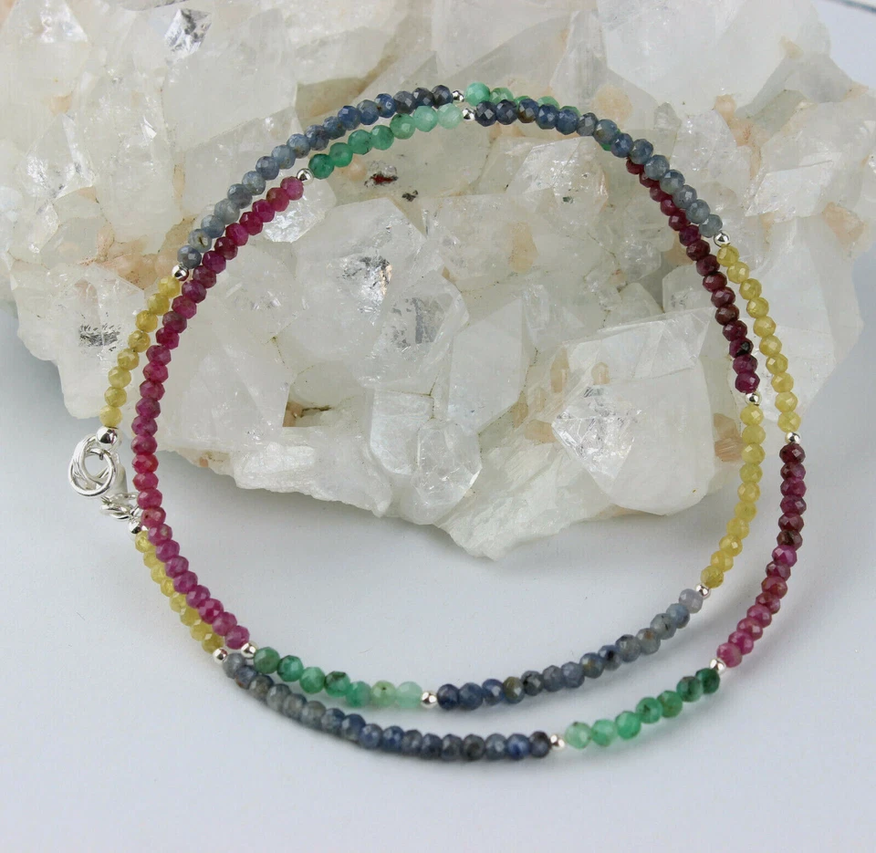 Rubin Saphir Smaragd Kette Regenbogenkette Bunt Facettierte Kugel Collier 47 cm - Bild 2 von 3