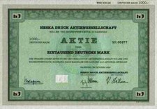 Heska Druck AG Hainburg 1984 Gr&uuml;nderaktie Offenbach Hessen 1000 DM Gewinnanteile