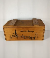 Vintage Wood Trinket Box Seasons Greetings Christmas Church Dovetail Joints