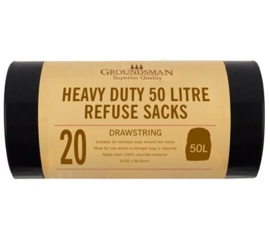 20x Groundsman Super Heavy Duty Strong Plastic Refuse Bin Bags Sacks Liners 50L