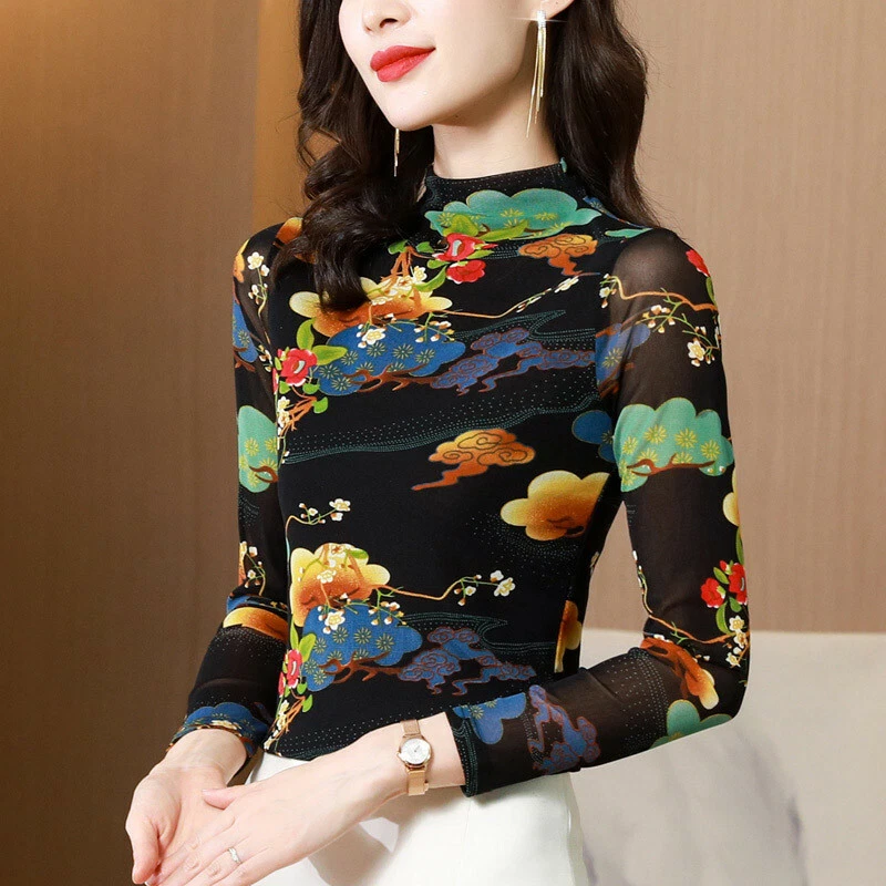 Vintage Women Mock Turtleneck Mesh Long Sleeve Slim Fitted Print T Shirt Top Tee