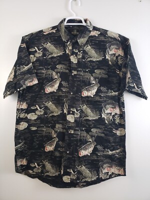 (Ju) Y2K Redhead Shirt Mens Size L Fish Button Down Short Sleeve Bass Fishing