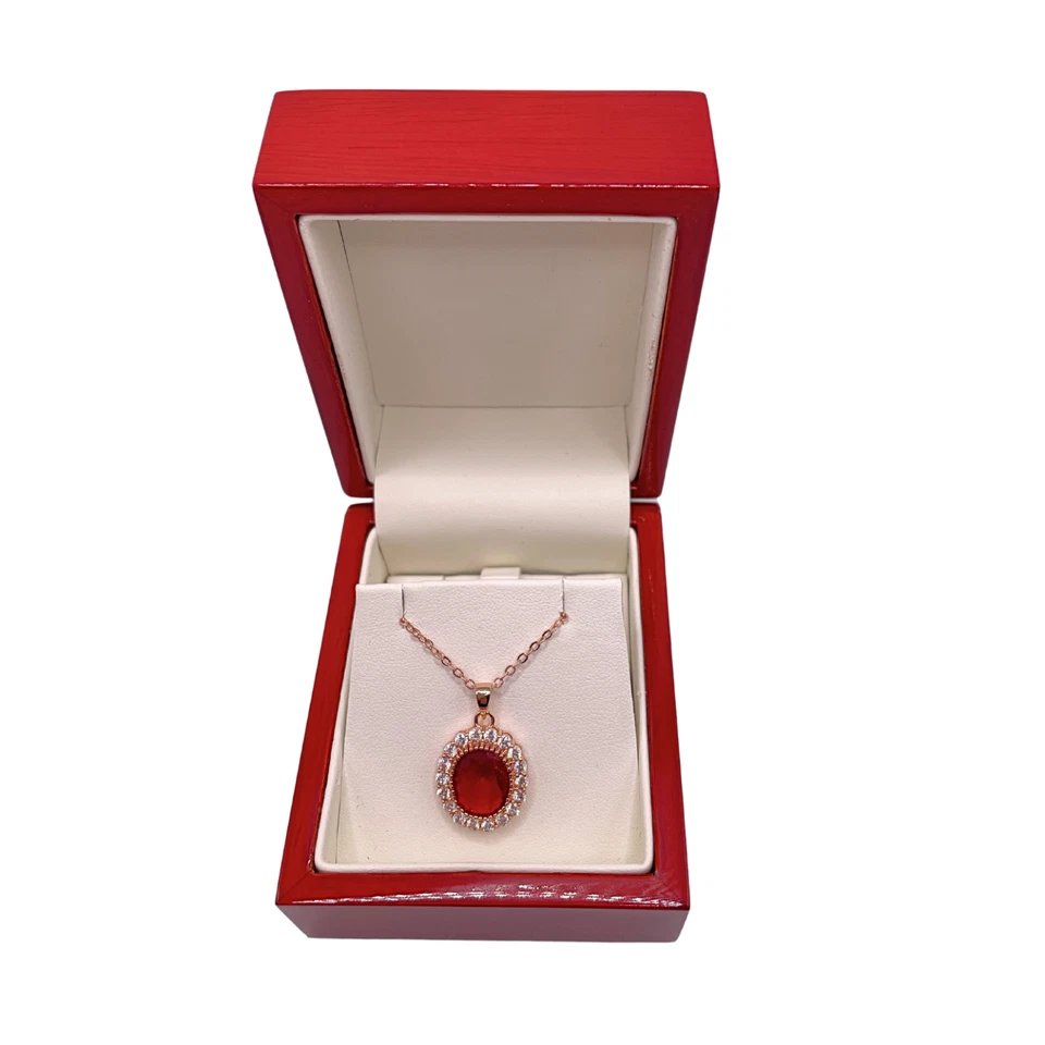ROSE GOLD FINISH Created Diamond Red Ruby Oval Cut Cluster Pendant Necklace - Image 3 of 4