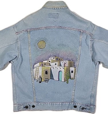 Vintage 80s Levis Denim Trucker Jacket Hand-Painted Size M USA Made 70507 0219