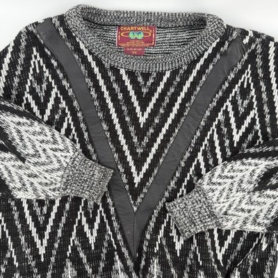 VTG Chartwell Sweater Men's 2X Pullover Vneck Black White Cosby Geometric Retro