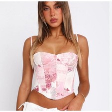 White Fox Pink Abstract Floral Corset Bustier Crop Top, Size Large