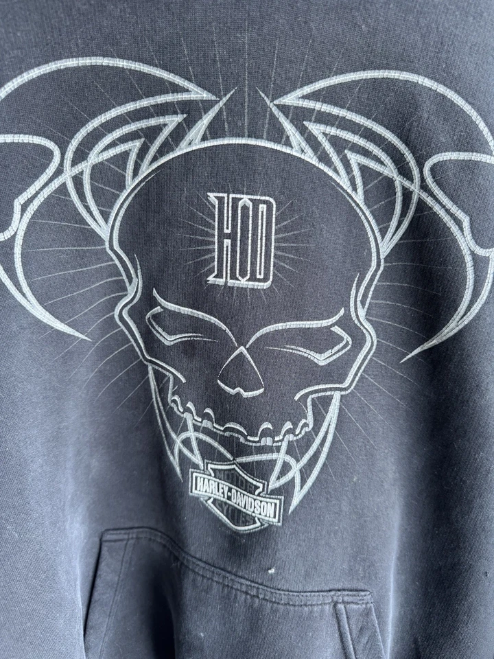 Sudadera con Capucha Harley Davidson Distressed Años 90 00 Calavera Negra Llamas Desteñidas Foto 4 de 4