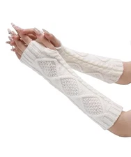  Cable Knitted Arm Warmers Thumb Hole Winter Long Fingerless One Size 848 White
