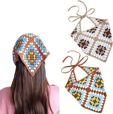 2 Pcs Crochet Hair Bandana Floral Scarf Boho Head Kerchief Coffee/Blue