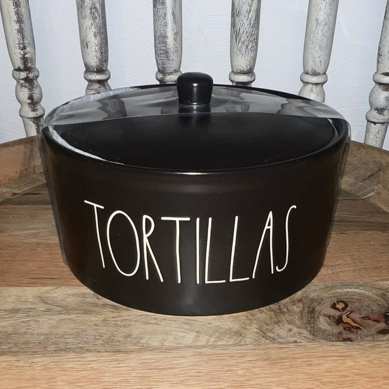 Rae Dunn Artisan Collection TORTILLAS Black Ceramic Storage Jar w/ Lid 2.15 qt