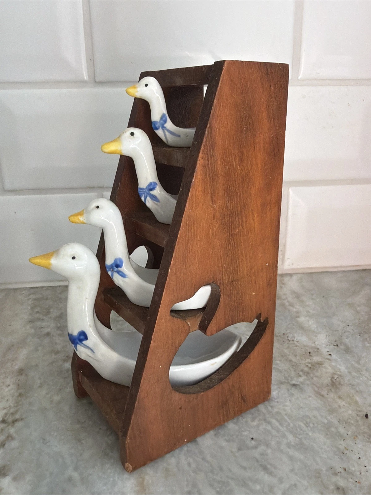 Vintage Goose Measuring Spoon Set with Wooden Shelf Cottagecore