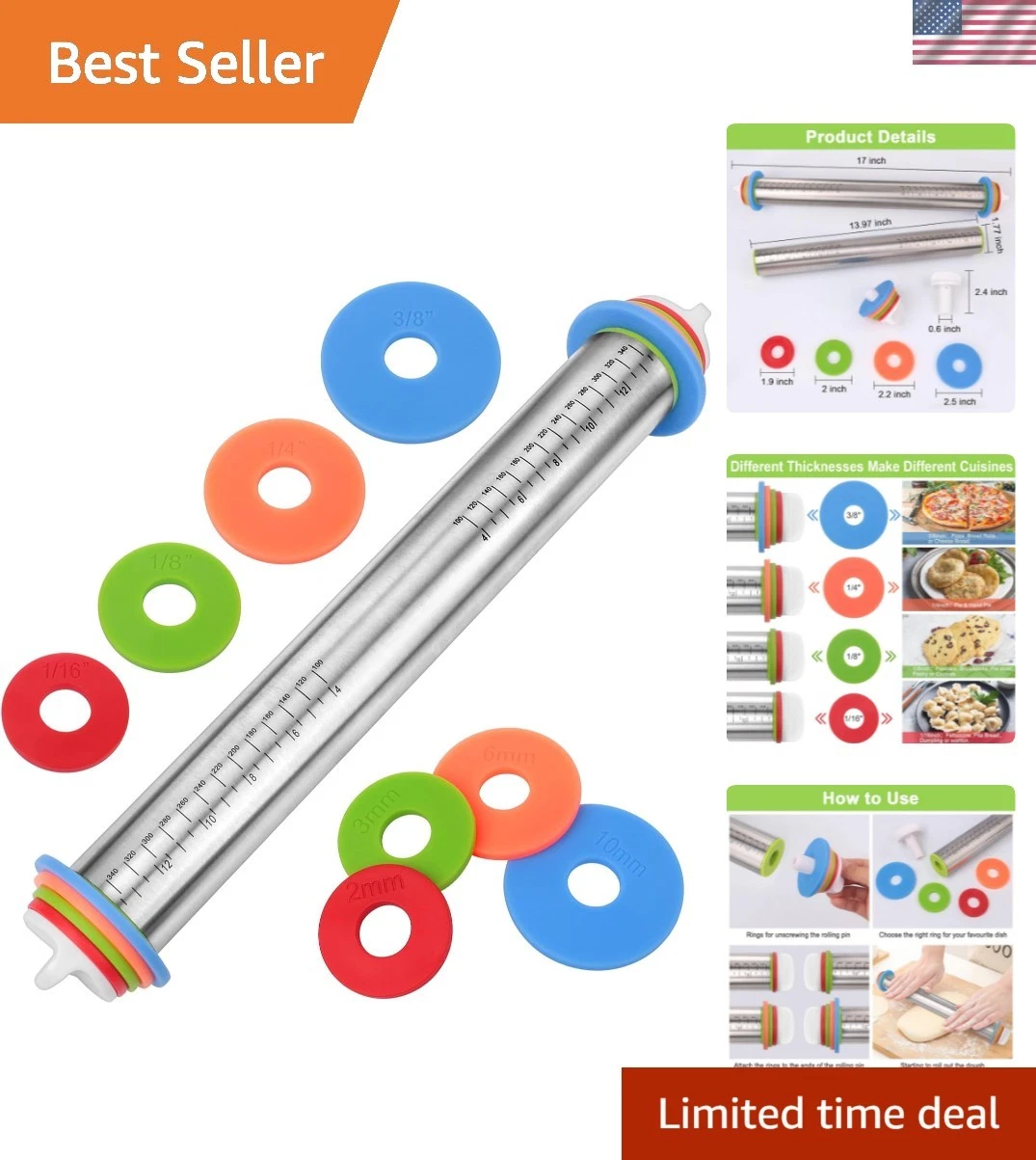 Adjustable Rolling Pin with Thickness Rings for Baking, Stainless Steel Desig...