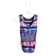 Plum Practicewear Gymnastics Leotard Pink Blue Stripes Mesh Back CXS