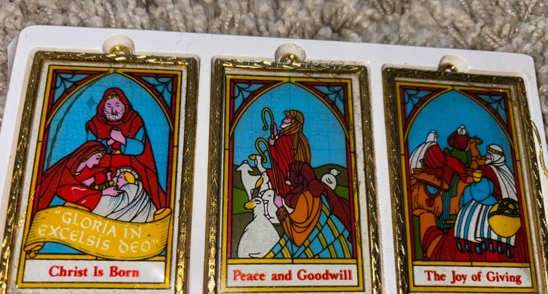 Vintage 3x Stained Glass Look Nativity Ornaments