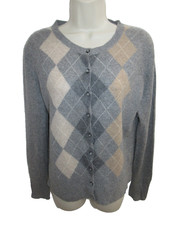 Apt 9 100 Cashmere Gray Camel Argyle Crew neck Cardigan Size L