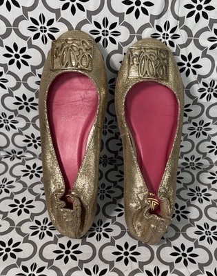 Lilly Pulitzer Metallic Gold Logo Classic Leather Ballet Flats Sz. 7 M
