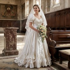 Victorian Wedding Dress Ruffles A-Line Bridal Gowns Floor Length Lace Appliques