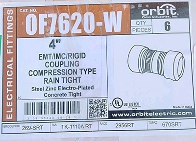 Orbit 4in Raintight/Concrete Tight EMT/IMC/Rigid Compression Coupling. Box of 6