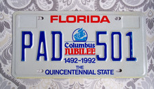 1992 Florida Columbus Jubilee 1492-1992 Quincentennial License Palte PAD 501