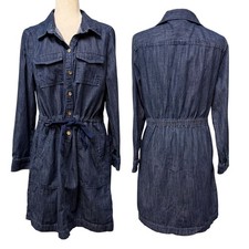 Talbots Shirt Dress Women 14 Denim Chambray Pockets Drawstring Utility Western