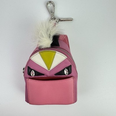 AUTH Fendi Monster Bag Pink Backpack Charm Leather Nylon Fur Nano