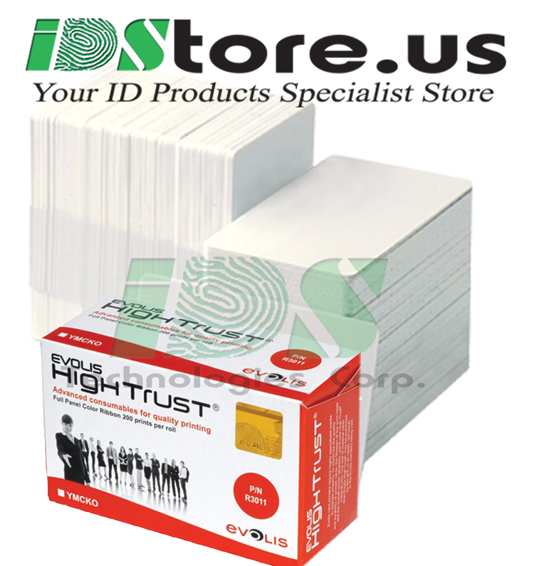 Evolis R3011 YMCKO Color Ribbon & 200 Blank White PVC Cards Bundle