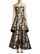 AIDAN MATTOX FLORAL GOWN/EVNING DRESS GODET STRAPLESS METALLIC JACQUARD SIZE 2