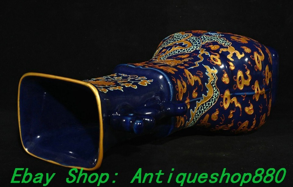 13.5"Song Dynasty official Kiln Blue Glaze Porcelain Gilt Dragon Bottle