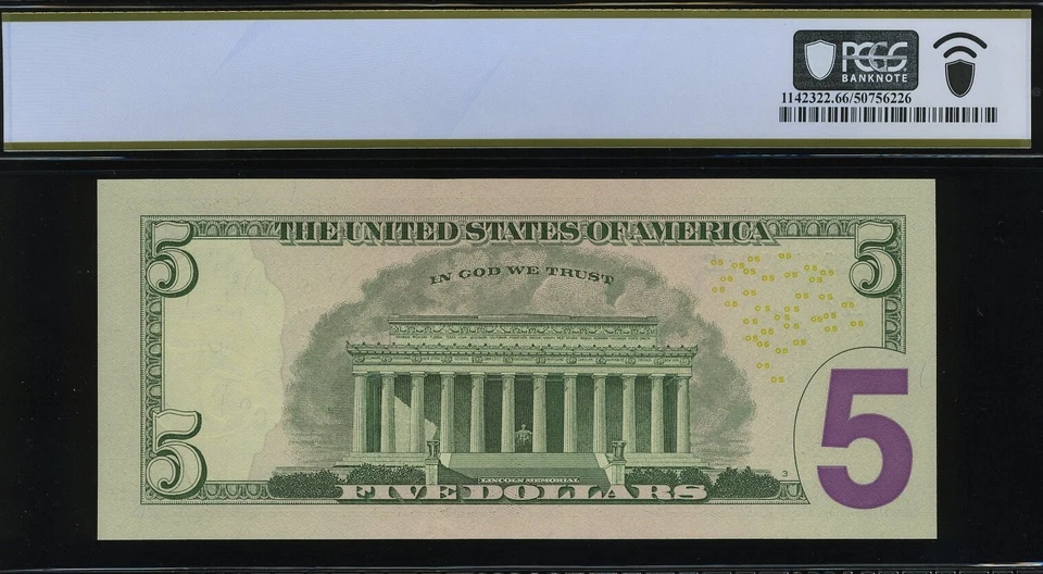 2009 $5 FRN JL3131313C P.C.G.S #66PPQ - Image 2 of 3