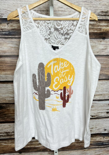 Torrid Tank Top Shirt Womens Plus Size 2X Take It Easy Cactus Print White Yellow - Photo 1/10
